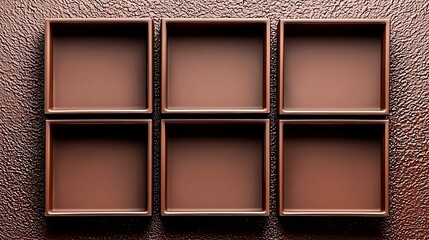 Fototapeta premium Six empty chocolate molds arranged on a textured brown surface, ready for filling with chocolate
