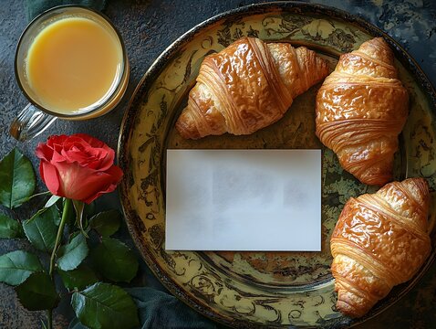 Blank white gift card on a vibrant breakfast tray with croissants orange juice and a single red rose