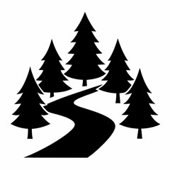  Pine forests with river black vector on white background.