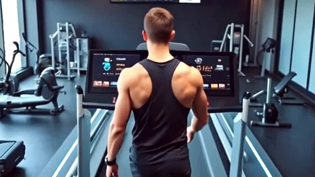 man running  on treadmill weights in gym