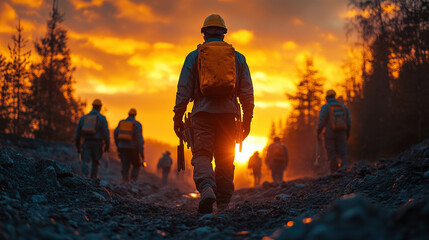 Fototapeta premium A team of workers walks a rocky path at sunset, silhouetted against a fiery sky. The lead worker wears a hard hat and backpack