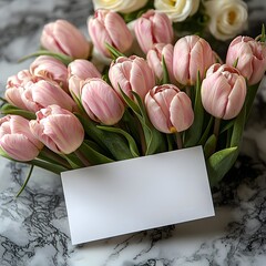 A bouquet of pink tulips with a blank white gift card on marble background