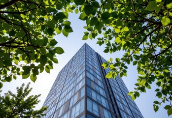 modern office building with green leaves. bottom view of modern office building with green leaves