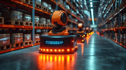High tech warehouse with robotic arms and glowing LED indicators