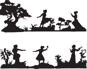 Silhouette Art: Elegant Women in Nature, Vintage Paper Cut Illustration, Black and White Landscape Scene, Decorative Shadow Figures