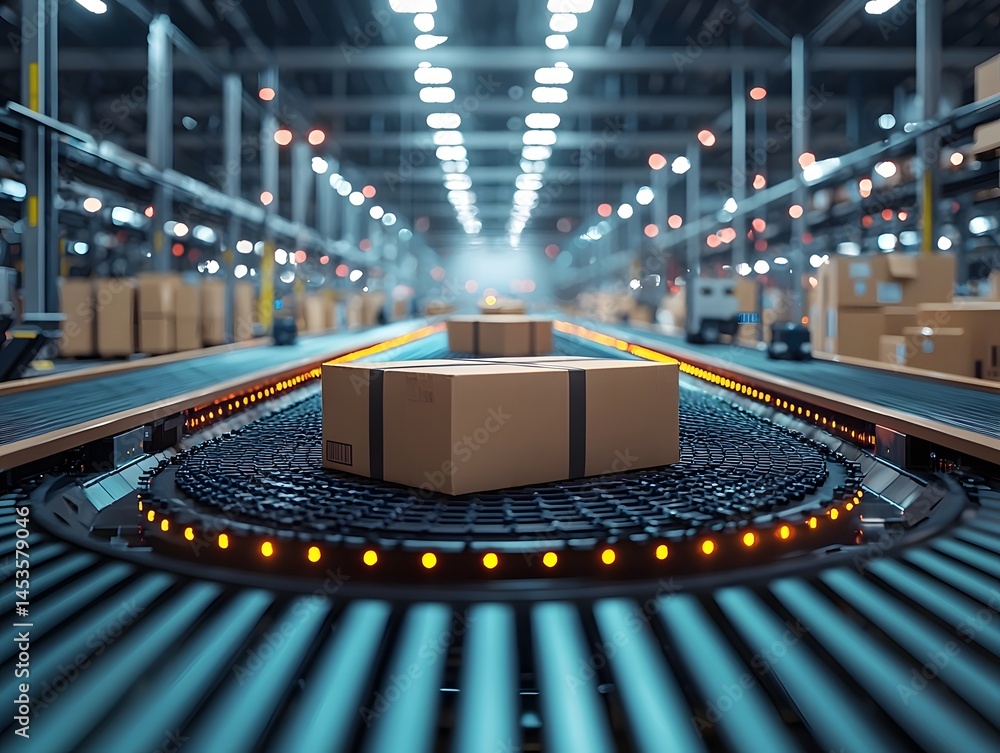Poster a high tech distribution center with an automated conveyor system moving packages