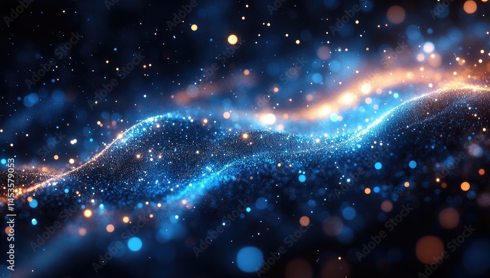Poster abstract digital design with glowing particles and waves.