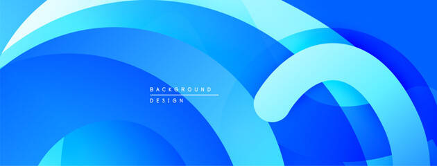 Abstract blue waves create dynamic backdrop. Smooth gradients, overlapping shapes suggest movement, modern aesthetic. Minimal text present.
