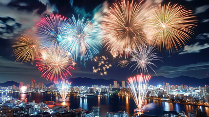 花火と夜景と海。夏祭りの花火大会。カウントダウンや独立記念日を祝う花火