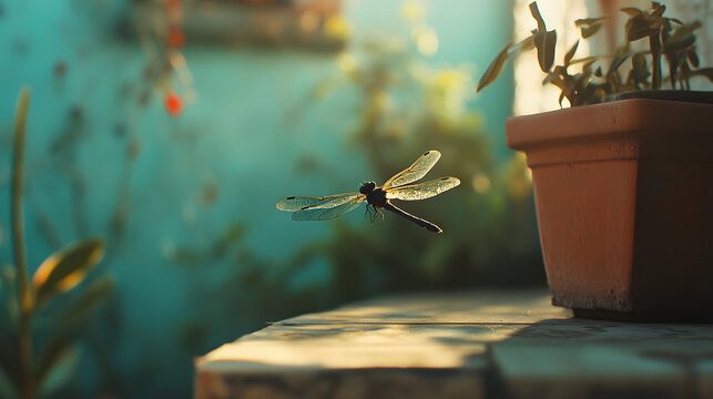 A green dragonfly with delicate wings rests on a leaf near a pond, a vibrant insect in its natural habitat