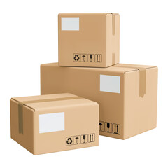 Cardboard boxes, parcels, 3d render, icon. Pile of stacked and sealed cargo delivery boxes with tags and packaging signs. 3d realistic vector illustration