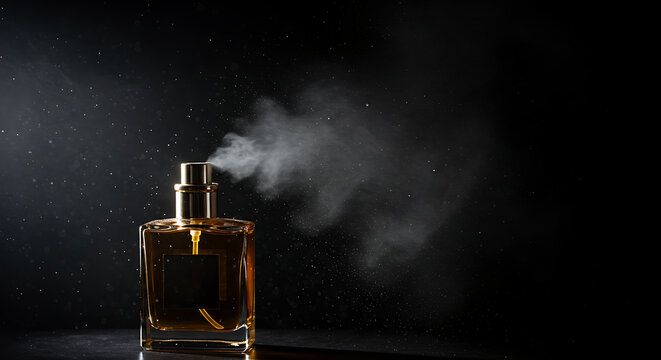 Sophisticated fragrance spray, elegant perfume bottle on a black background