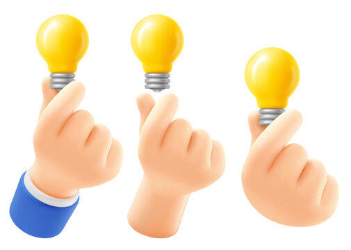 Cute cartoon hand holding yellow light bulb. Set of 3d realistic icons, design elements. Concept of great idea, quick tip, brainstorm or startup. Vector illustration