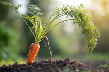 Carrots in the garden, Fresh organic carrot growing in nutrient-rich soil, partially exposed with vibrant green leaves.