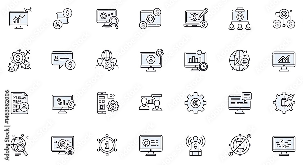 Fototapete a precise grid of ultra-smooth thin line art icons depicting business and technology concepts. each 