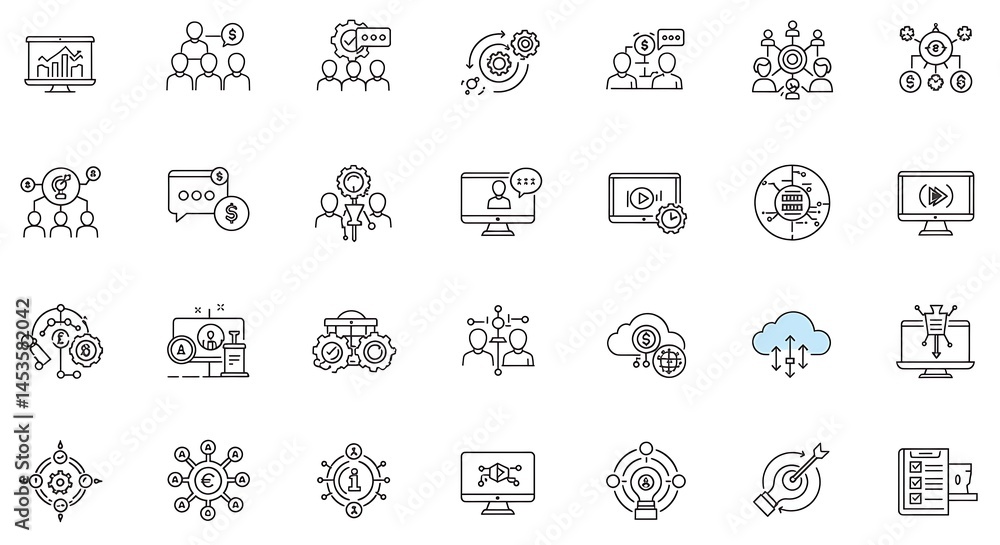 Fototapete a precise grid of ultra-smooth thin line art icons depicting business and technology concepts. each 