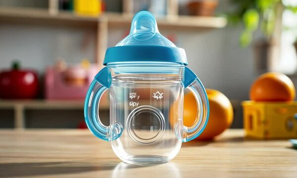 A stylish blue-topped sippy cup with handles on a wooden table.