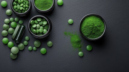 Group of Green Pills and Bottle of Green Powder on Clean White Surface