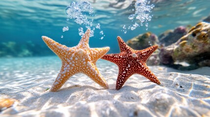 Two Colorful Starfish Swimming Gracefully in Clear Blue Ocean Water