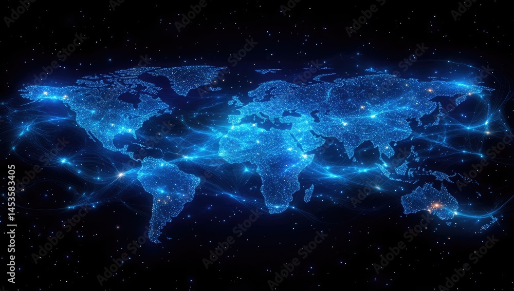 Poster global network map with luminous connections.