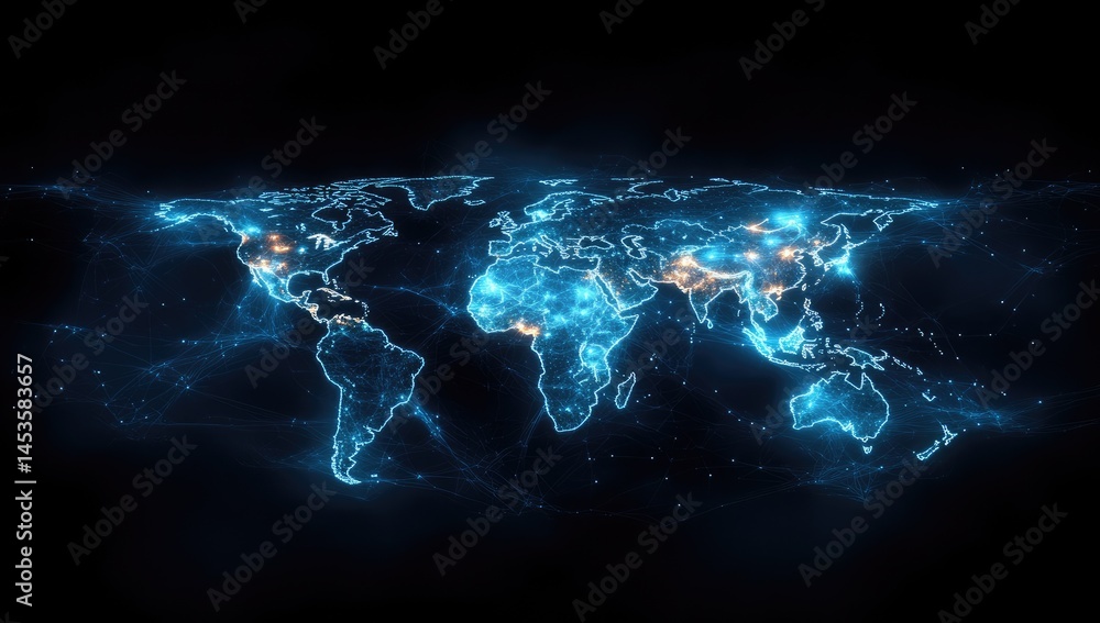 Poster global network map of glowing light points.