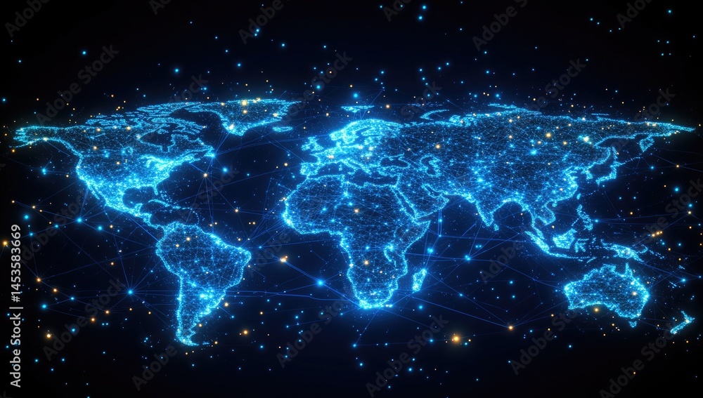 Poster global network map illuminated by luminous connections.
