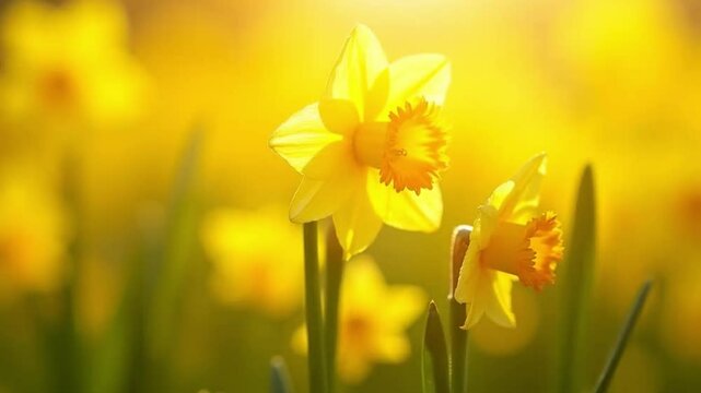 Daffodils in the spring sunlight: A field of bright yellow flowers