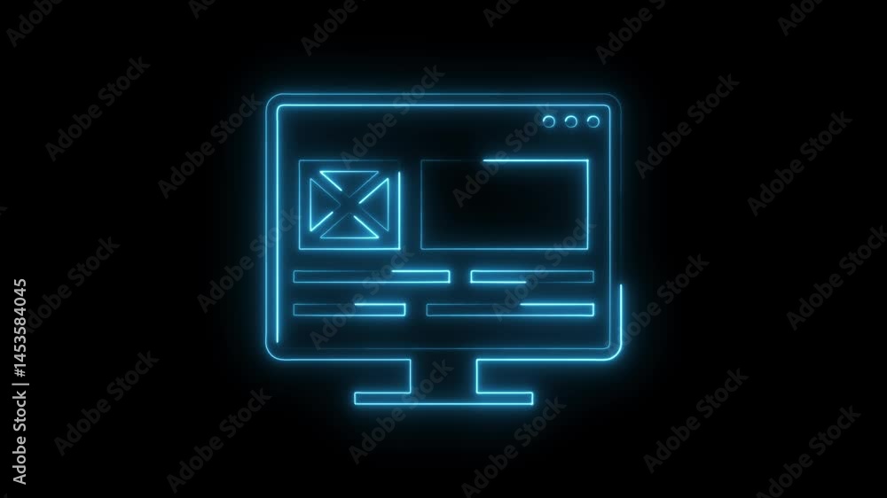 Poster glowing computer screen mockup with wireframe design and neon blue lines on black background