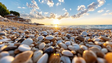 Picturesque Beach Scene with Abundant Rocks and Pebbles Under Clear Sky