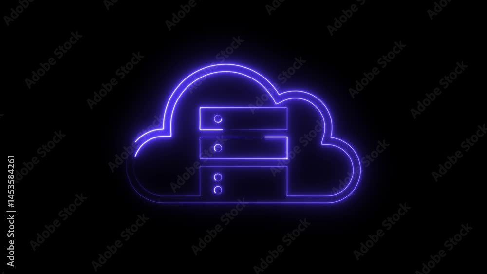 Poster neon cloud server animation on black background glowing cybersecurity infrastructure icon network da