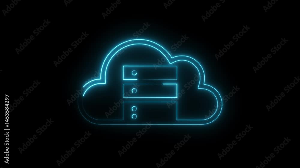 Poster neon cloud storage icon glowing on black background digital data technology and cloud computing serv