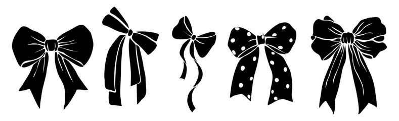 Black Monochrome decorative vintage ribbon bows set. Holiday sign collection. Ribbon symbol, accessory logo, cut files. Vector outline illustrations isolated on transparent background.