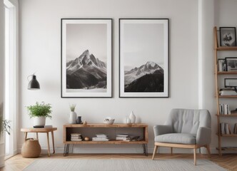 Fototapeta premium Cozy home interior, poster mockup on clips, white wall, product, marketing, campaign
