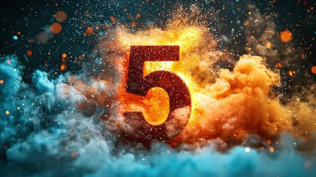 Explosive number five amidst fiery smoke - Powered by Adobe