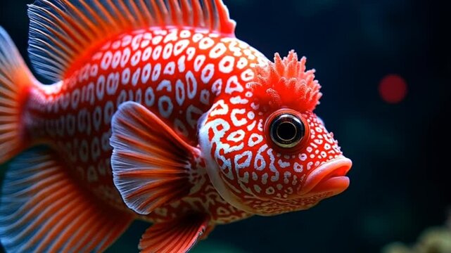 Colorful patterned red tropical fish swimming gracefully in deep blue aquarium seamless looping 4k time-lapse animation video background