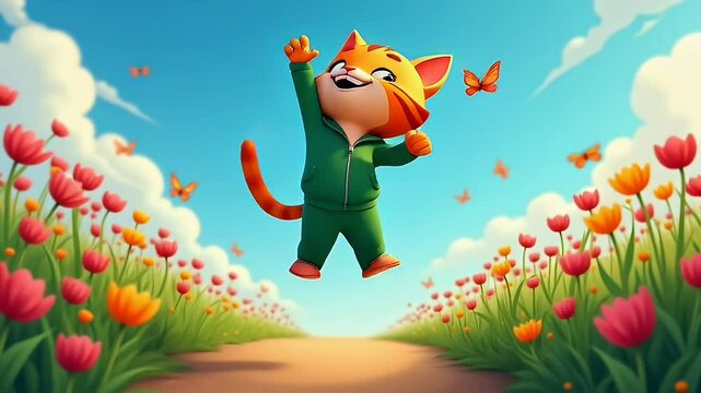 Happy cartoon cat walks through colorful tulip field