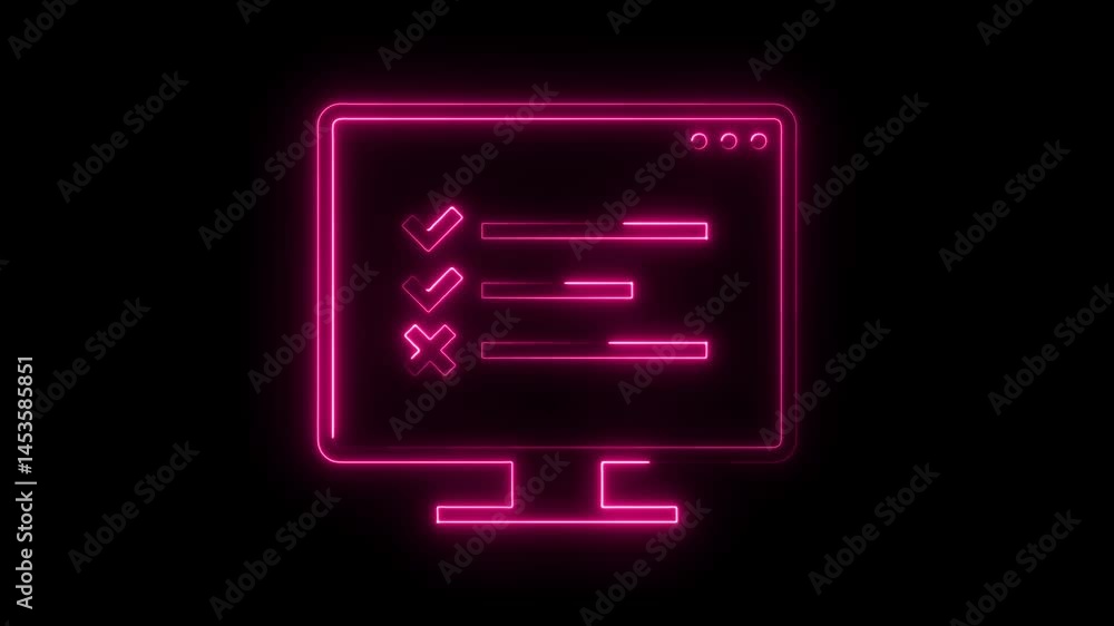 Poster neon computer screen with checklist and error symbol animation