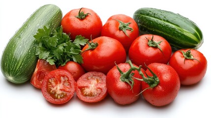 Vibrant Fresh Pile of Juicy Tomatoes and Crisp Cucumbers at Market