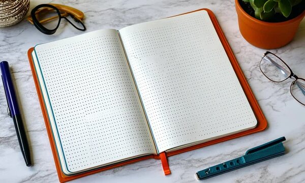 An open notebook on a marble surface with stationery and a plant.