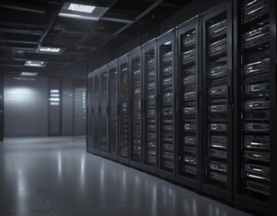 Gleaming servers and network equipment in a high-tech server room, storage, cable