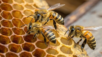 "Three Bees on a Honeycomb - Natural Pollination and Honey Production"