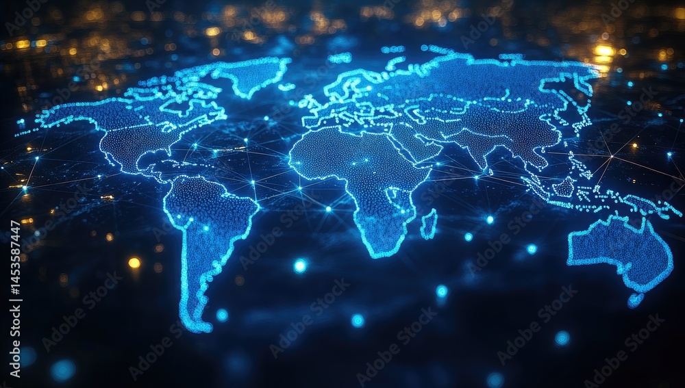 Poster global network map with glowing connections.