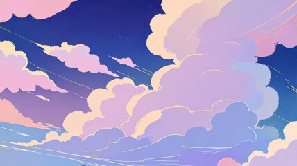anime pastel dreamy clouds purple pink fluffy clouds illustration desktop wallpaper, pastel sky anime style 