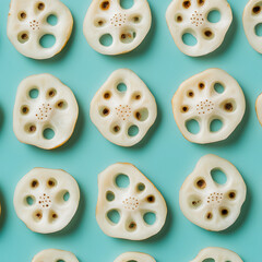 Obraz premium Lotus root slices arranged in pattern on turquoise background, creating visually appealing and symmetrical design