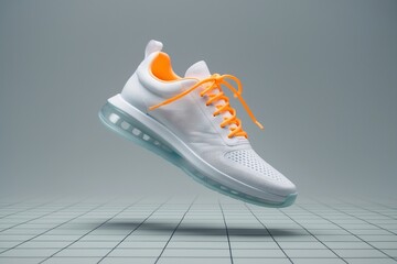White shoe with orange laces hovers above a grid  ideal for creative footwear or fashion designs, shoe advertisements, or sports campaigns.