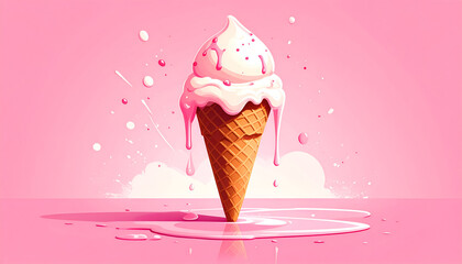 Melting ice cream cone upside down on pink surface. Fun summer mess.