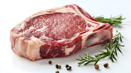 Fototapeta premium Fresh raw beef steak with marbling, garnished with rosemary and peppercorns on white background