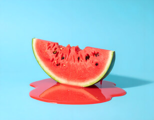 Melting watermelon slice on blue background with space for text. Creative summer composition.