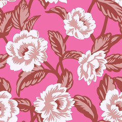 Seamless vintage floral pattern with white flowers and green leaves on a pink background. For fabric, wallpaper, packaging, and spring or summer designs. Retro botanical style.