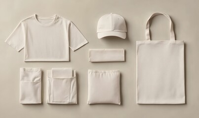 A set of blank apparel items: t-shirt, cap, tote bag, and pouch, arranged on a neutral background,

